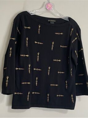 Erin Matthews Black Top with Golden Buckles Design ~ Size L ~Lightweight Sweater